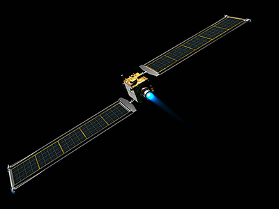 Illustration of the DART spacecraft with the Roll Out Solar Arrays (ROSA) extended. Each of the two ROSA arrays in 8.6 meters by 2.3 meters. Photo courtesy of NASA