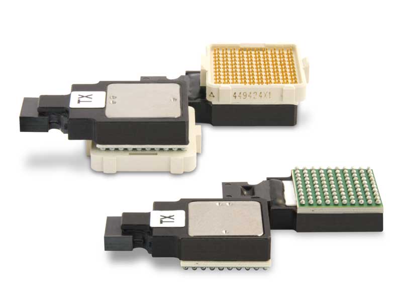 A different view of the SpaceABLE fiber-optic transceiver shows the connector for fiber-optic cable connection. At the bottom is the view of the ball grid array (BGA) for surface mount soldering.