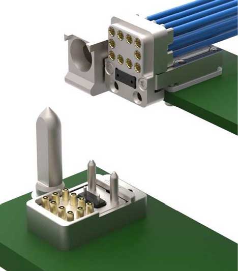 Illustration of a VPX blind mate connector comprising a 24 fiber MT ferrule and 10 RF coaxial connectors. The size of this connector meets VITA 66.4 standard.